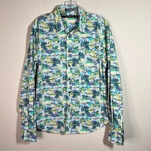On The Road Blue Green Tropical Tree Long Sleeves Button Down‎ Shirt Mens Medium